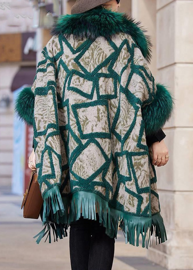 Green Fox Collar Pockets Leather and Fur Coat Long Sleeve