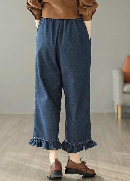 Blue Ruffled Patchwork Pockets Straight Jeans Spring