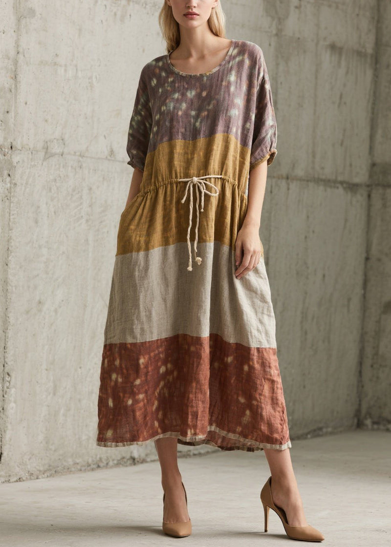 Colorblock O Neck Lace Up Cotton Long Dress Summer