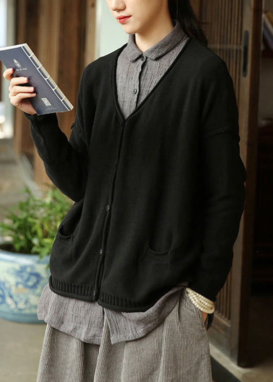 Black Button Pockets Patchwork Knit Cardigan Fall