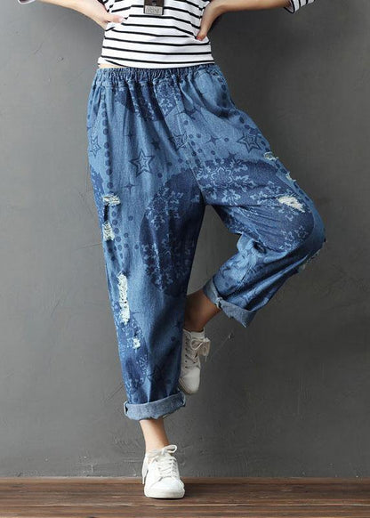 Blue Pockets Print Hole Fall Cotton Pants
