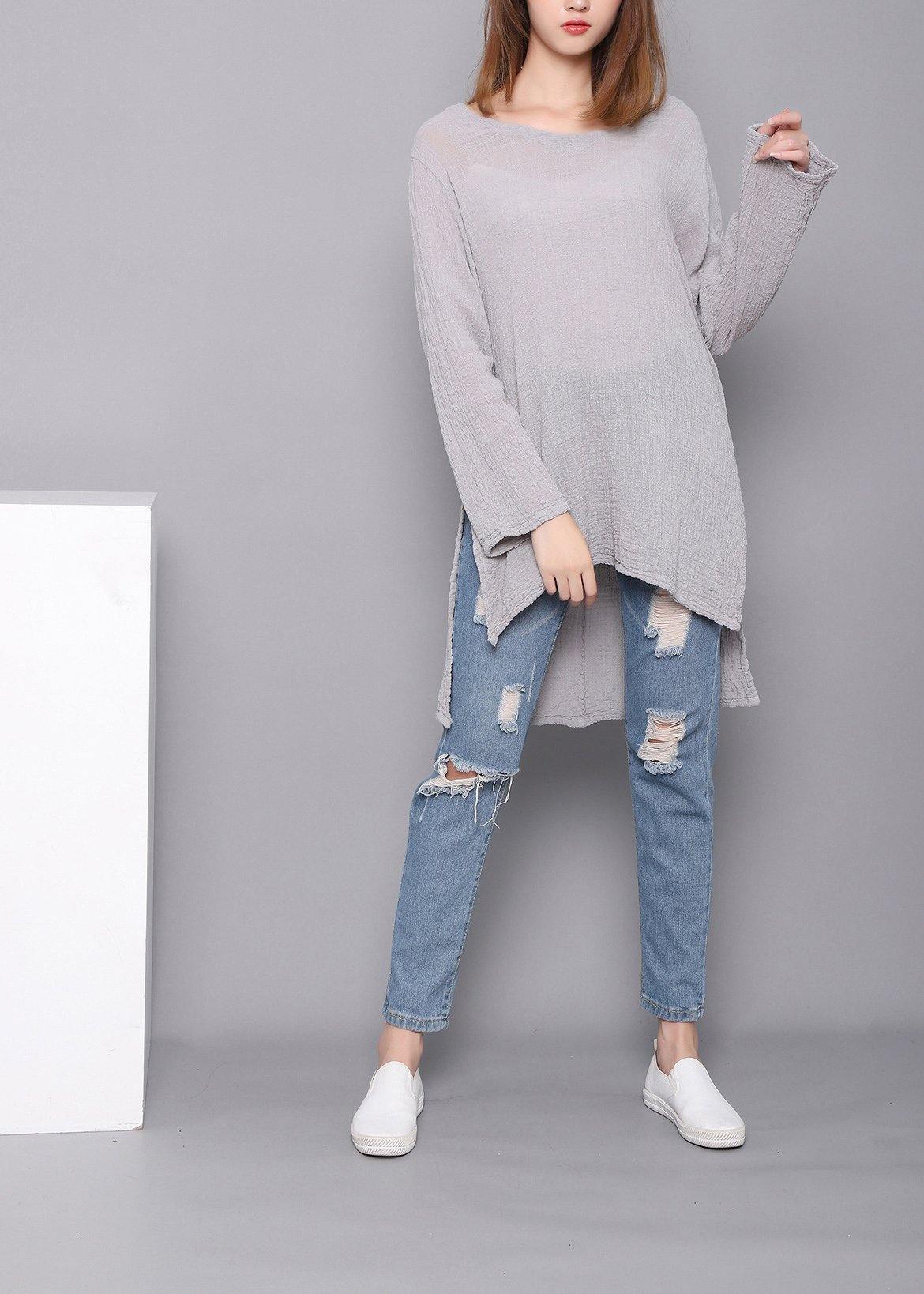 Gray U Neck Low High Design Linen Shirts Spring