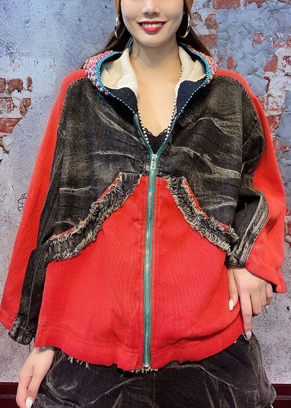 Loose Red Hooded Zippered Fall Denim Coat Long Sleeve