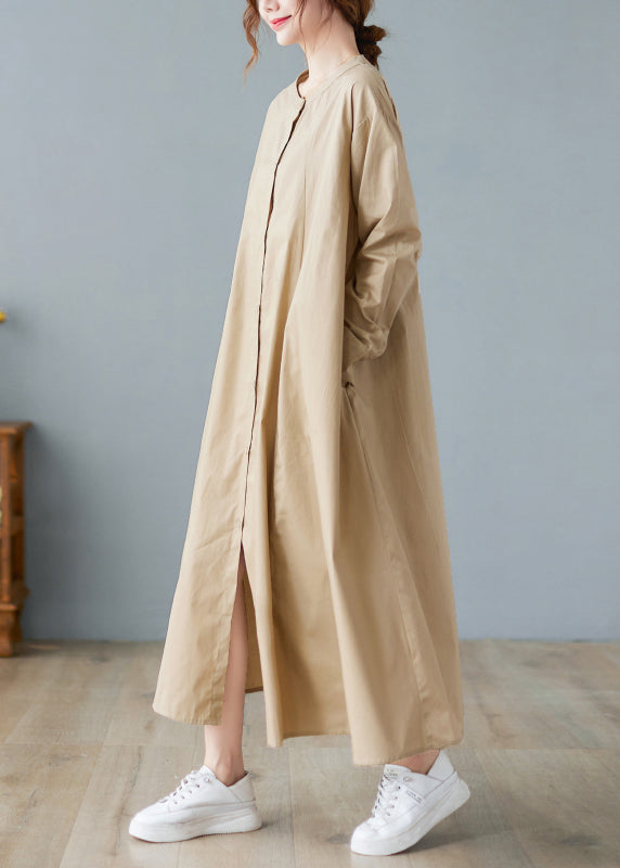 Loose Khaki O-neck Button Wrinkled Pocket Shirt Dresses Long Sleeve Fall