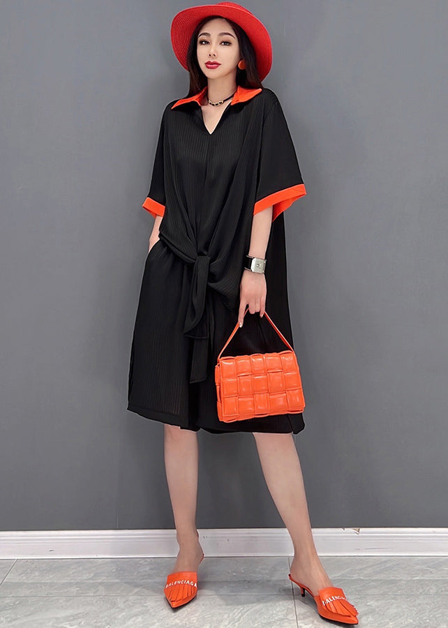 Black Peter Pan Collar Patchwork Chiffon Long Shirt and Shorts Two Pieces Set Summer