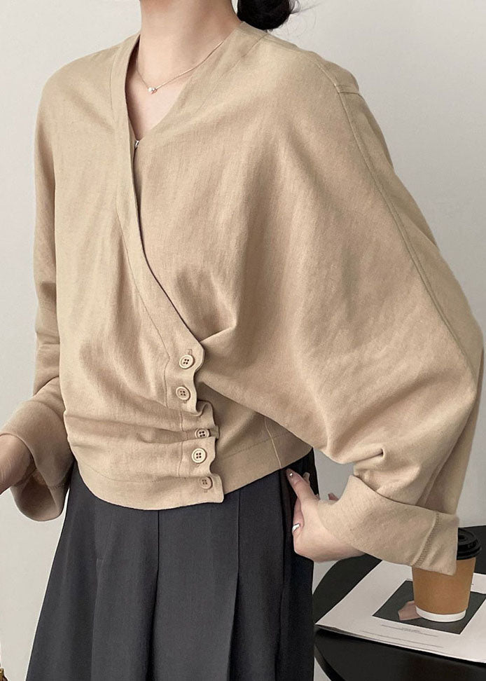Apricot V Neck Asymmetrical Cozy Cotton Top Long Sleeve Spring