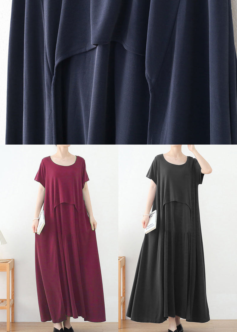 Red O-neck Exra Large Hem Long Dress Short Sleeve