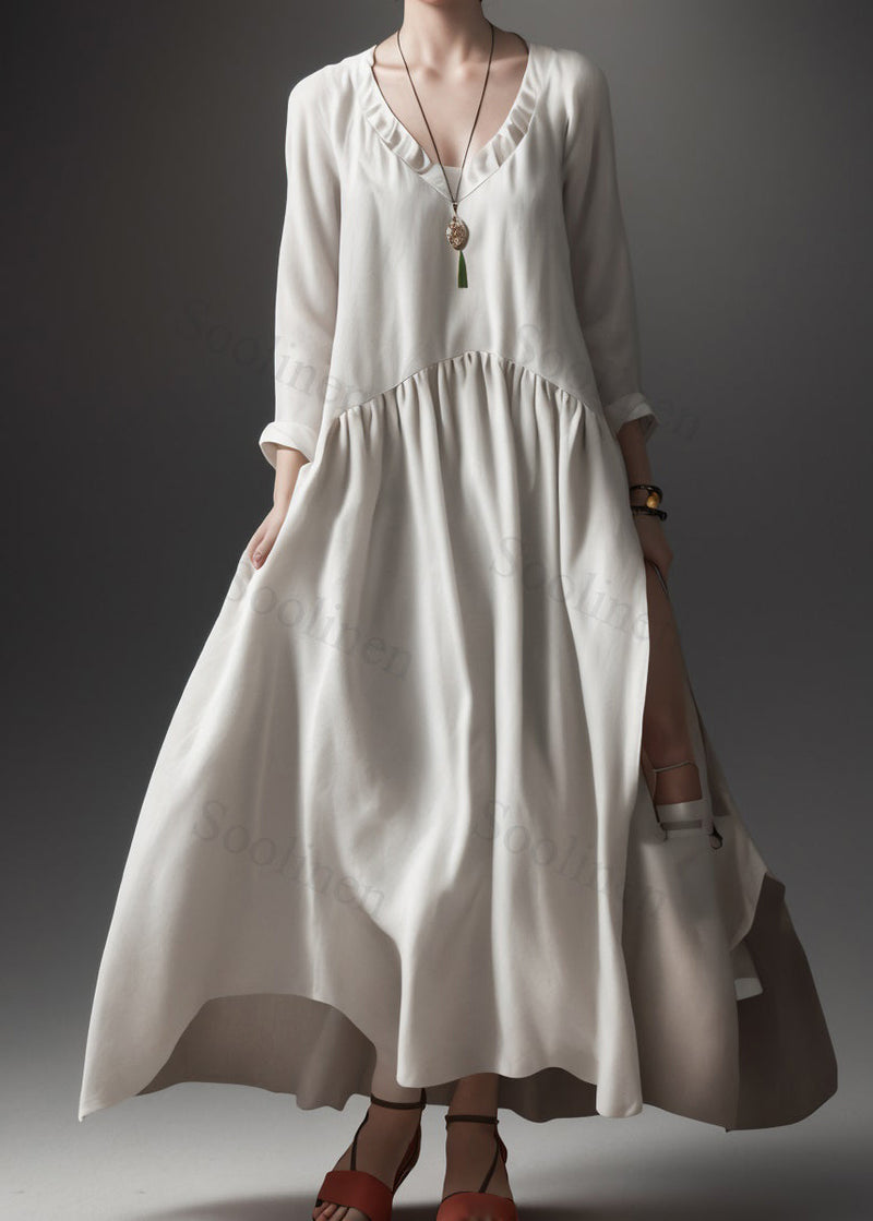 Beige V Neck Wrinkled Patchwork Silk Maxi Dress Summer