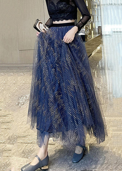 Blue Wrinkled Tulle a Line Skirts High Waist Summer
