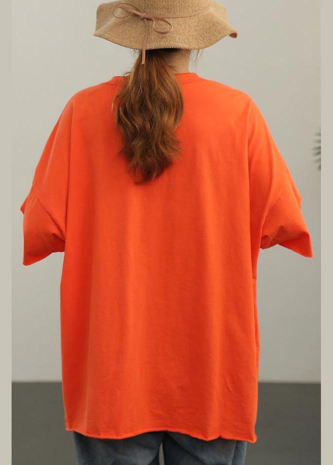 Style Orange O-neck Pockets Cotton Tops Summer