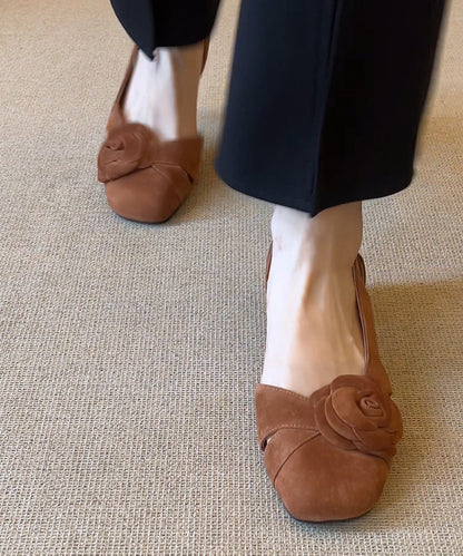 French Caramel Hollow Out Suede Chunky Sandals