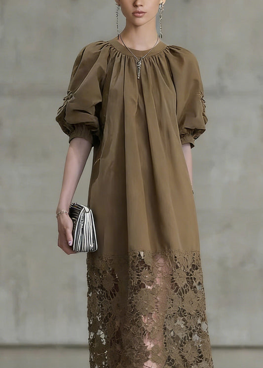 Light Coffee Puff Sleeve Lace Patchwork Cotton Long Dress