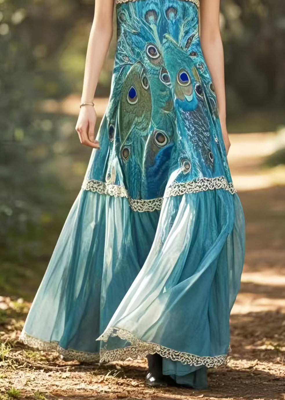 Style Peacock Blue Print Chiffon Spaghetti Strap Dress Summer