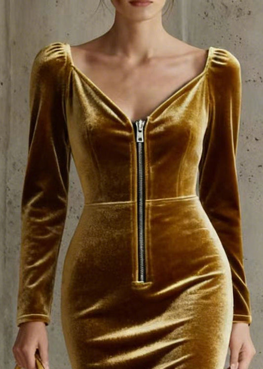 Fitted Golden Zip Up Wraped Silk Velvet Dresses Spring