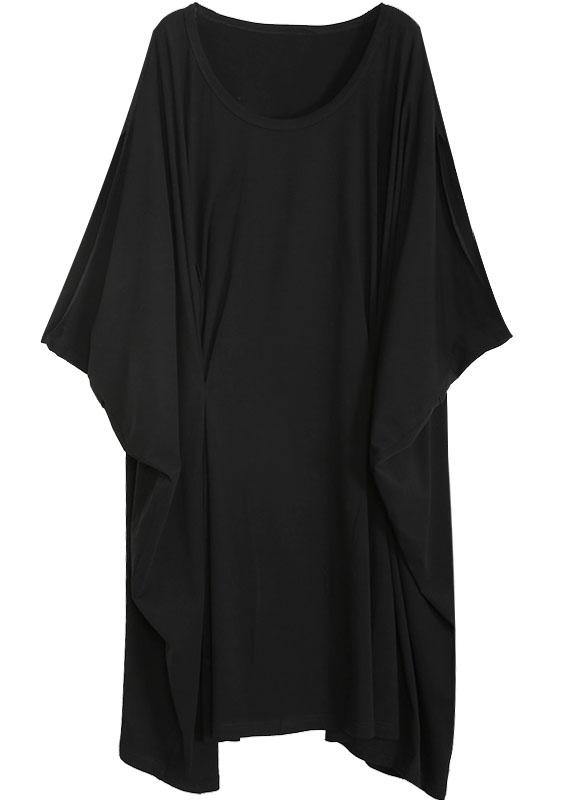Diy Black Asymmetric Cotton Long Dress O Neck