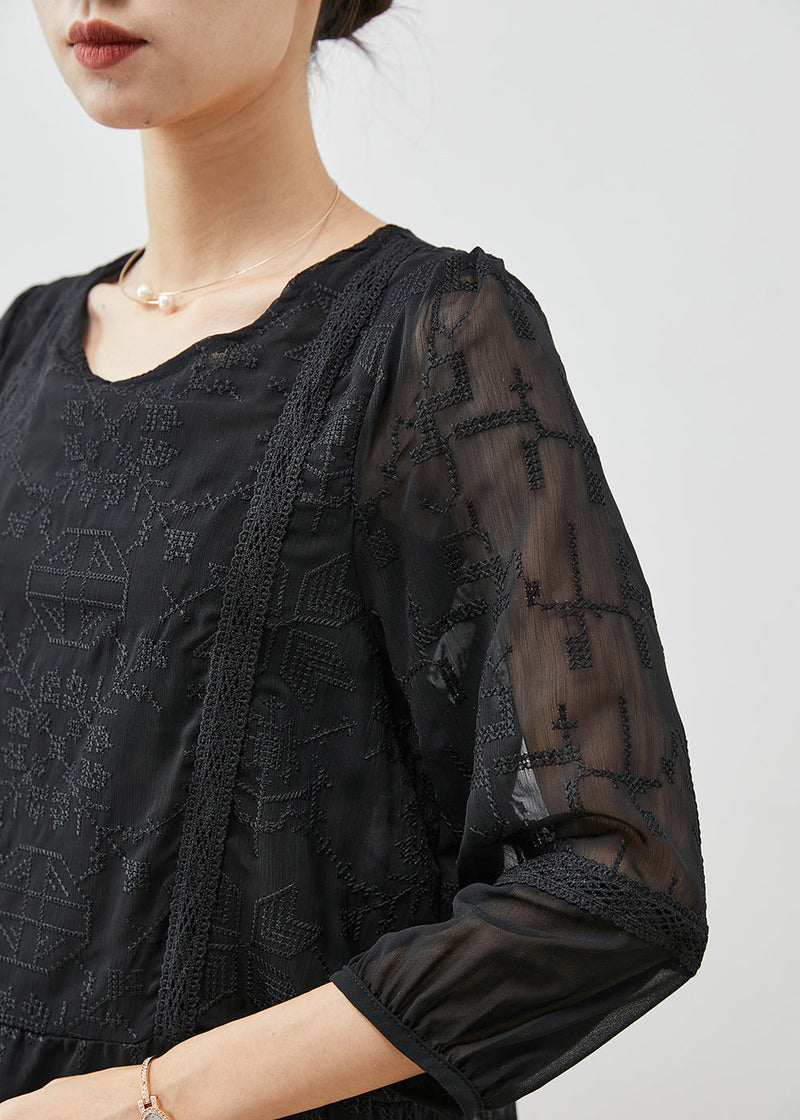 Black Embroidered Tulle Blouse Top Bracelet Sleeve