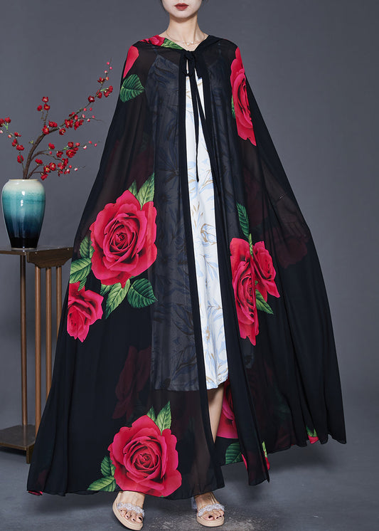 Black Hooded Print Chiffon Cardigan Spring