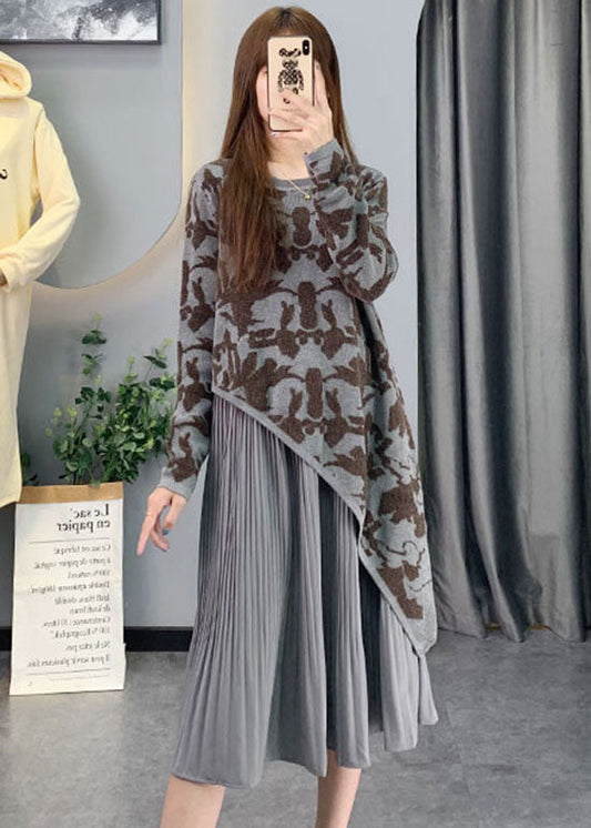Grey Asymmetrical Patchwork Knit Long Dresses Spring