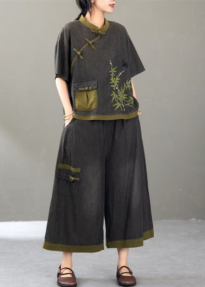 Retro Black Embroidered Pockets Denimtwo Piece Set Short Sleeve