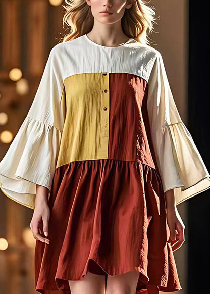 Classy Colorblock O-neck Patchwork Linen Beach Dresses Flare Sleeve