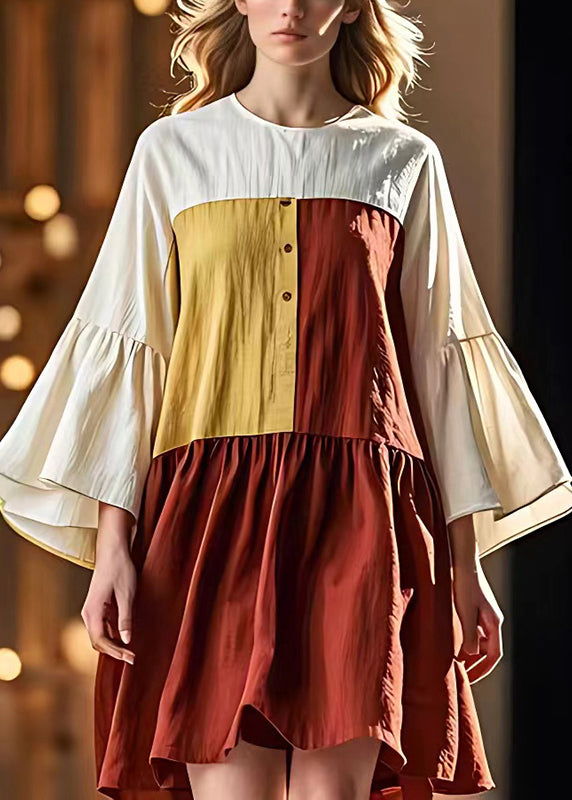 Classy Colorblock O-neck Patchwork Linen Beach Dresses Flare Sleeve