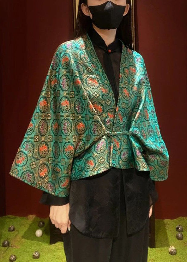 Green V Neck Print Patchwork Silk Two Pieces Set Fall