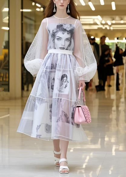 White Print Chiffon Perspective Dresses Summer