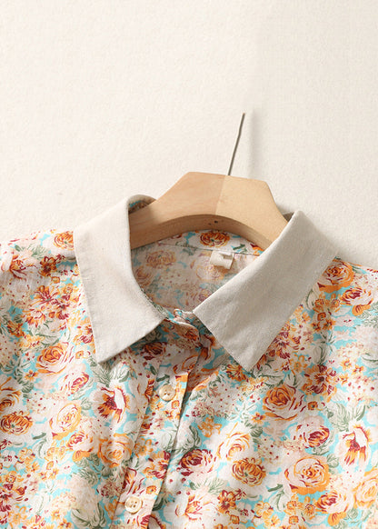 Orange Peter Pan Collar Print Cotton Shirt Summer