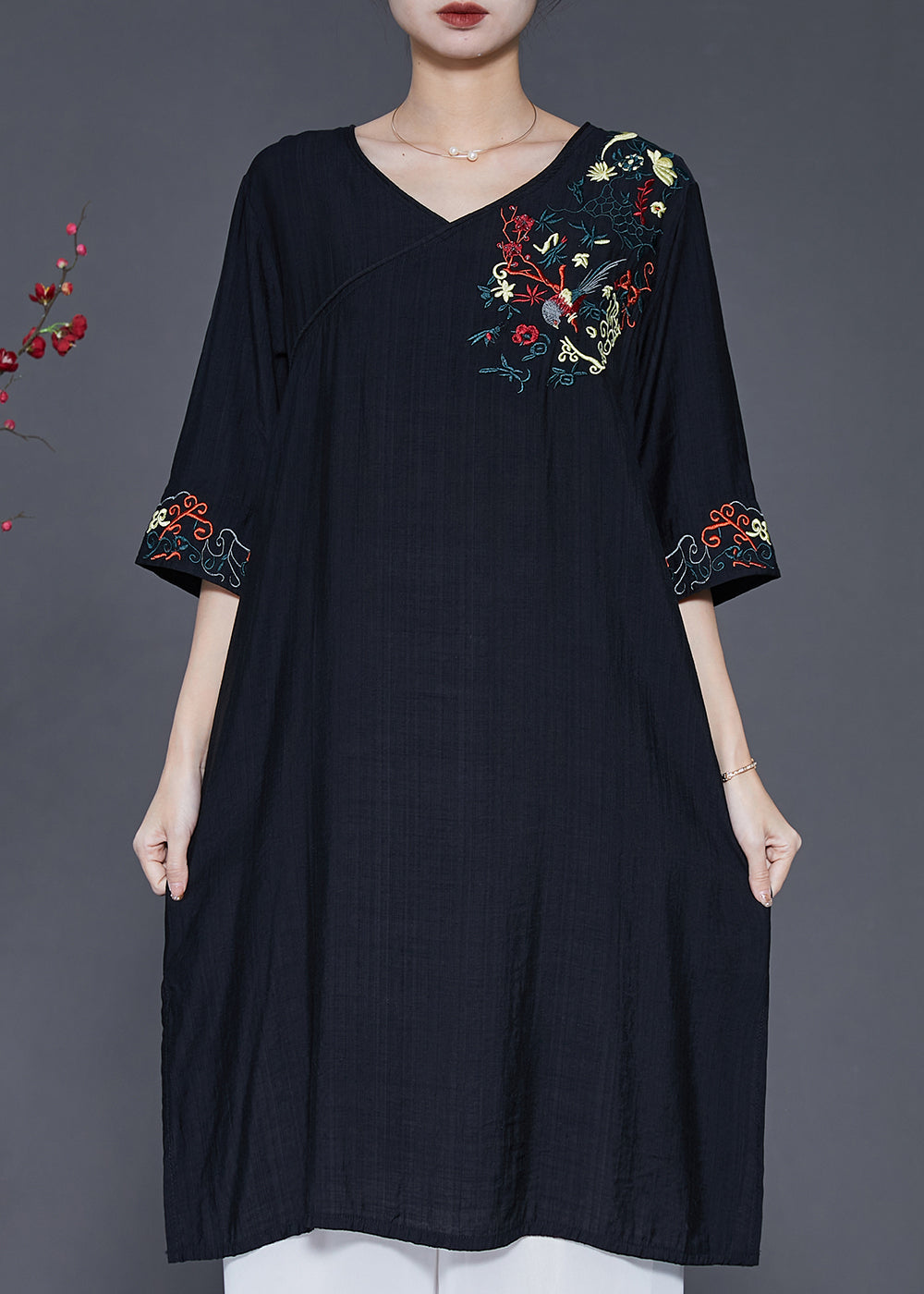 Black Embroidered Oversized Linen Dress Summer