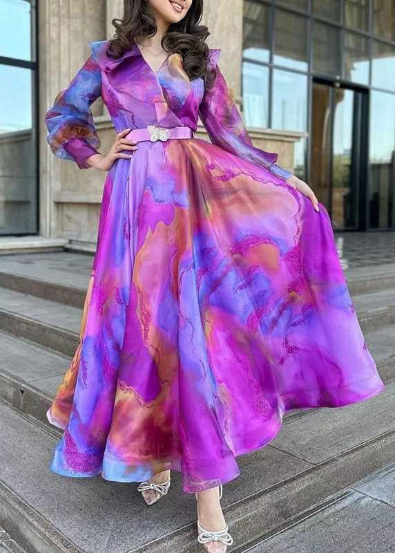 Purple Print Sashes Tulle Patchwork Exra Large Hem Dress Spring