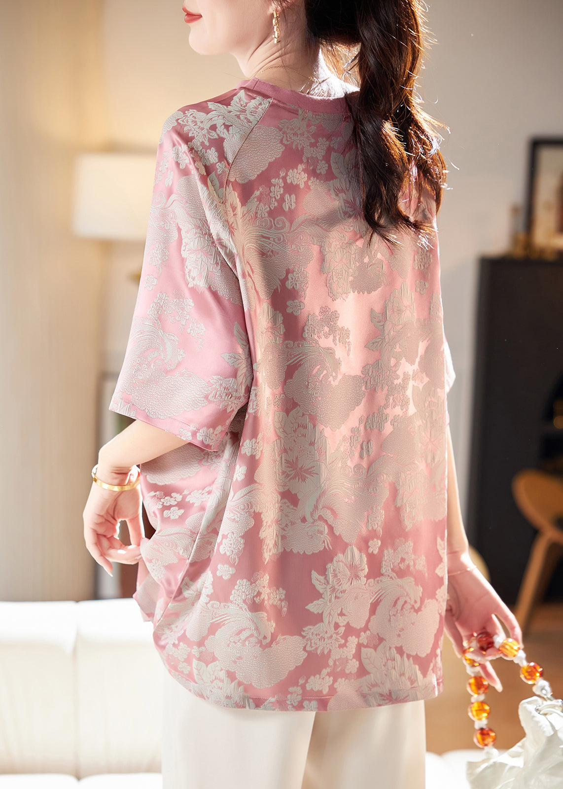Jacquard Pink O-neck Chiffon T Shirt Short Sleeve
