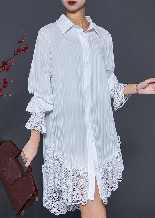 White Lace Patchwork Wrinkled Chiffon Shirt Dress Spring
