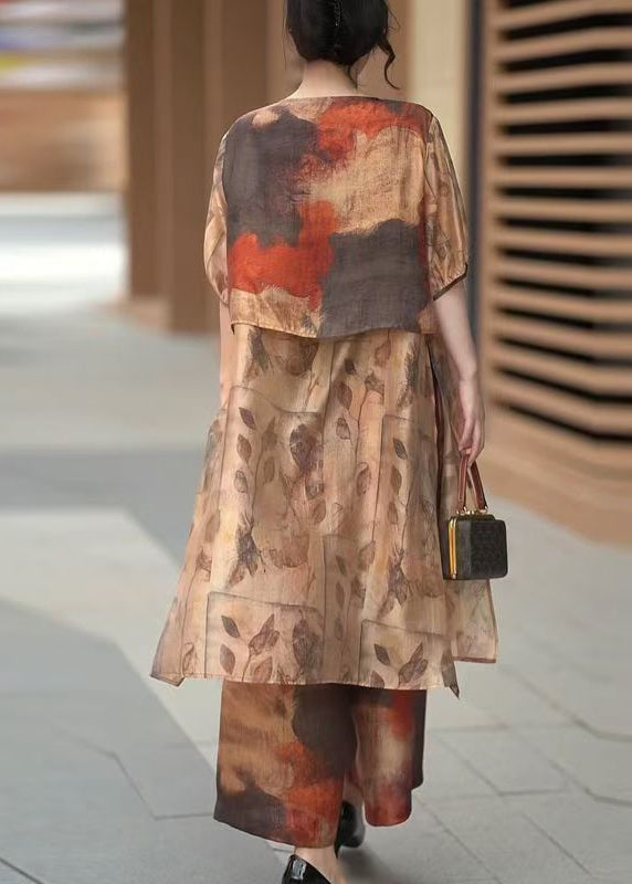 Art Khaki Button Print Tops and Crop Pants Silk Two Piece Suit Summer