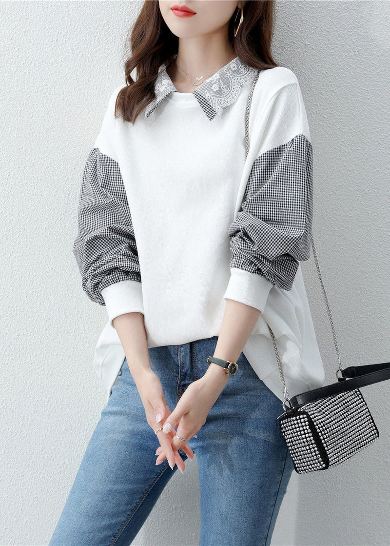 Black Peter Pan Collar Patchwork False Two Pieces Cotton Sweatshirt Fall