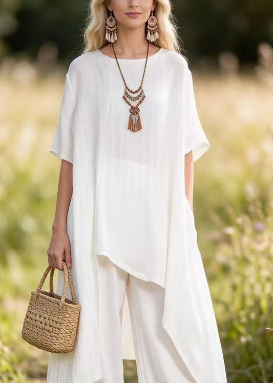 White Asymmetrical Top and Pants Cotton 2 Piece Outfit Summer