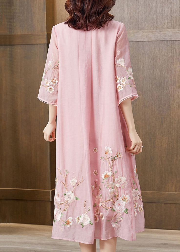 New Pink Embroidered Pockets Silk Cotton Dress Half Sleeve Summer