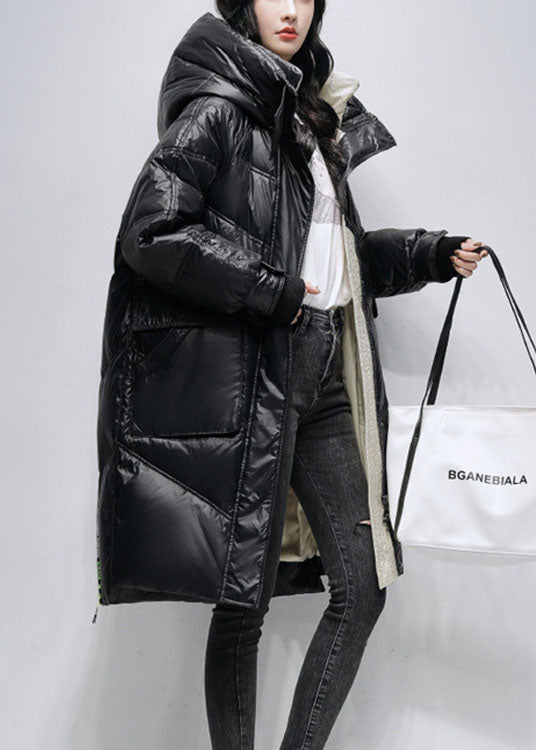 Unique Black Hooded Zippered Low High Design Winter Duck Down Coats