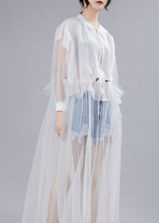 White Zippered Patchwork Asymmetrical Design Fall Dresses Long Sleeve