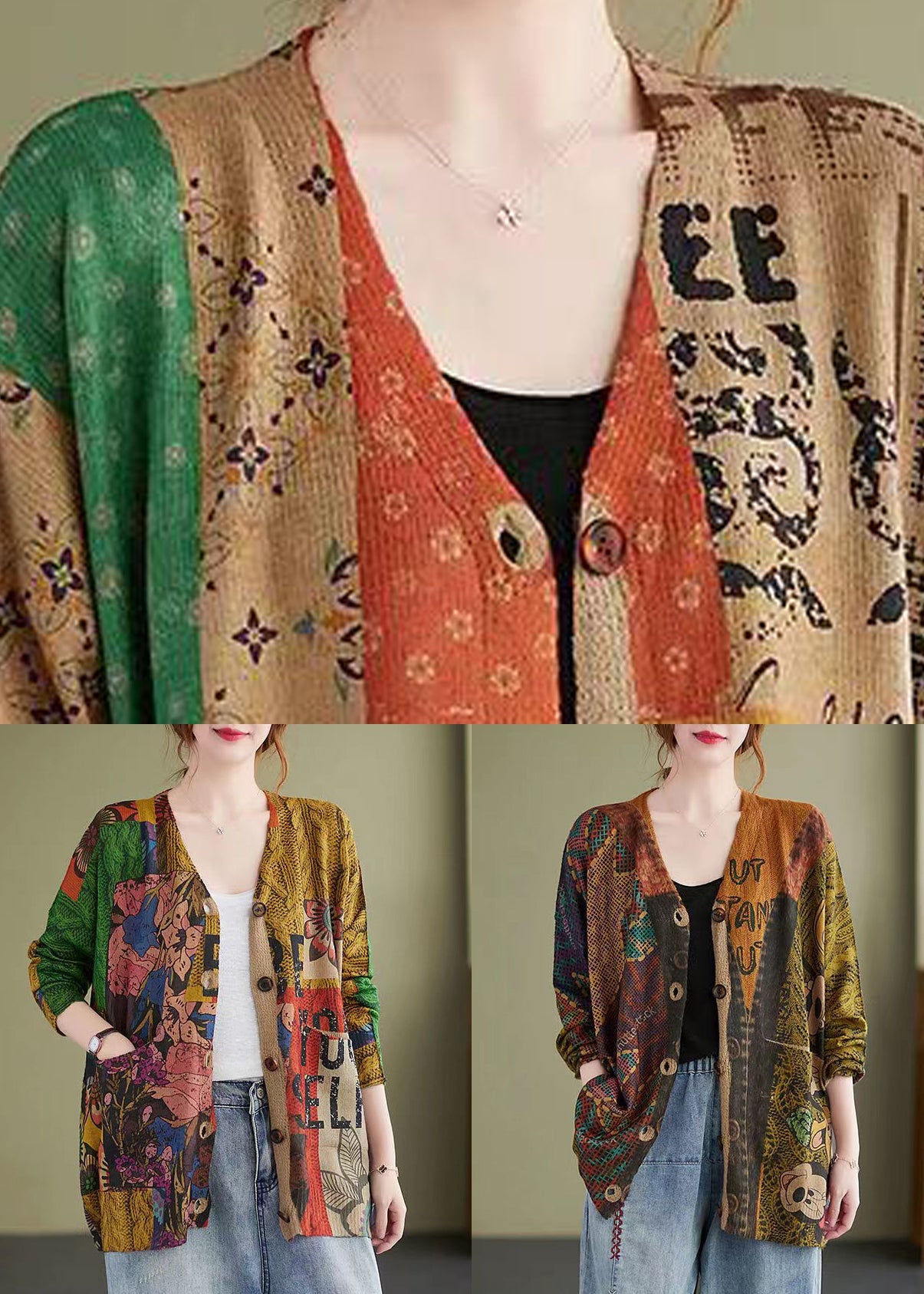 Colorblock V Neck Button Knitting Cotton Coat Fall