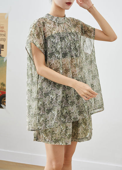 Natural Green Print Oversized Cotton Two Piece Set Clothing Summer