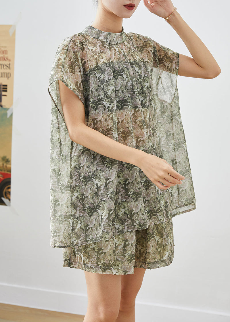 Natural Green Print Oversized Cotton Two Piece Set Clothing Summer