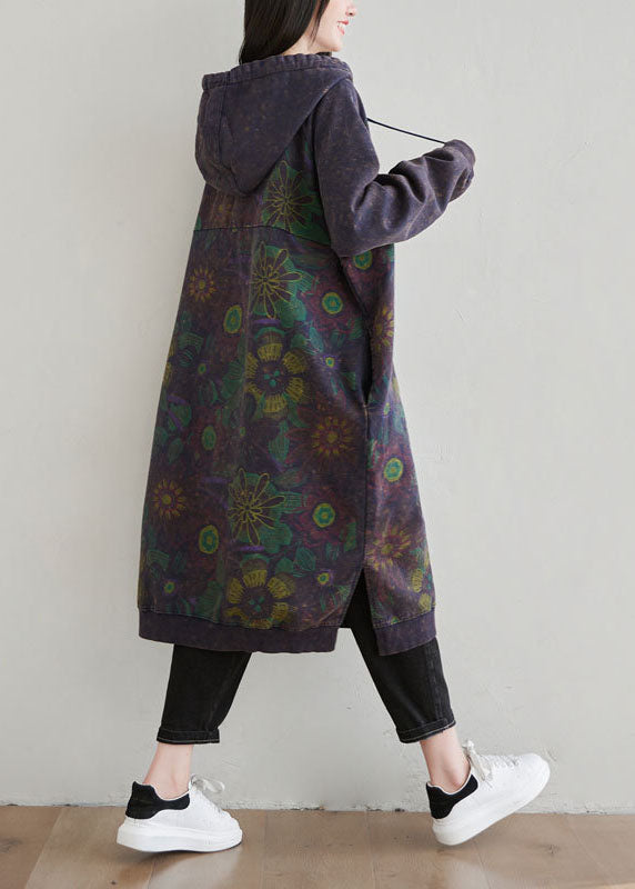 Diy Dark Blue Side Open Drawstring Hooded Loose Sweatshirt Dresses Spring