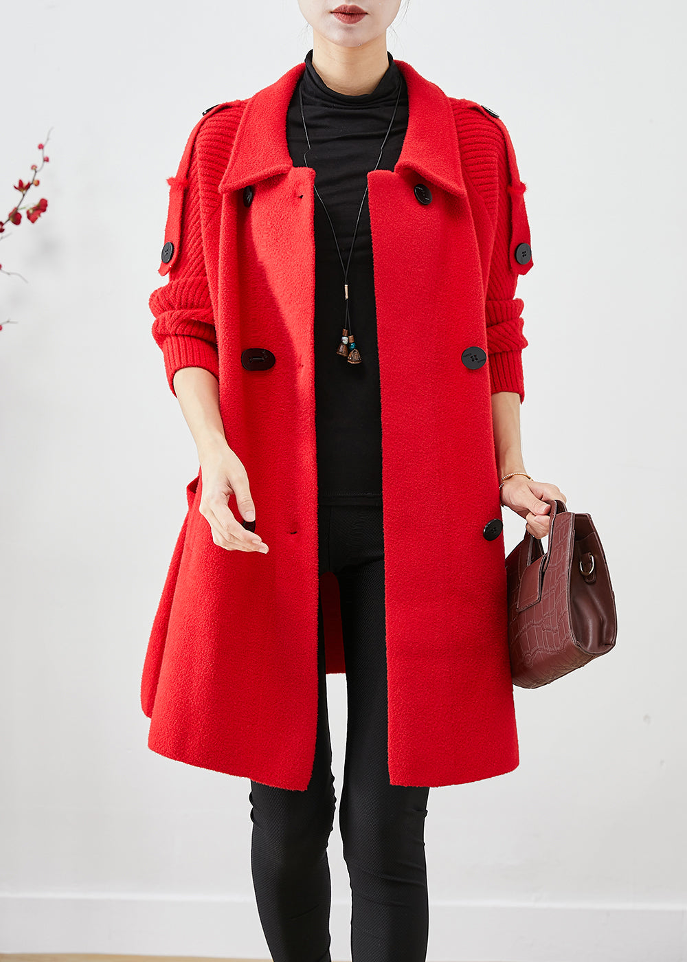 Red Oversized Knit Patchwork Woolen Coat Fall