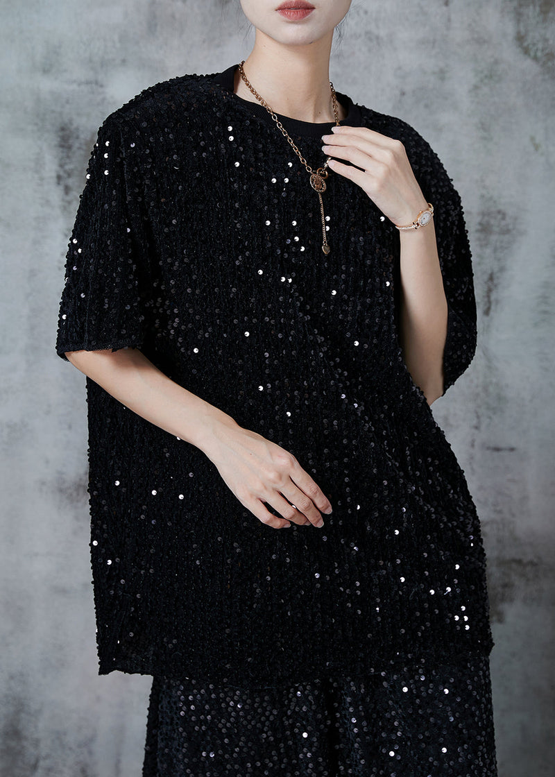Black Sequins Oversized Cotton Tanks Summer