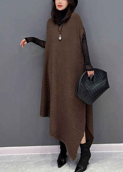 Chocolate Asymmetrical Design Wrinkled Cotton Holiday Dress Fall