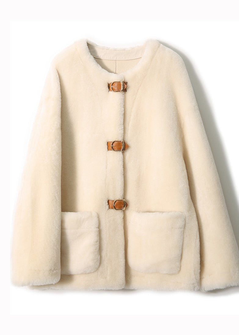 Beige O Neck Pockets Button Patchwork Wool Coats Winter