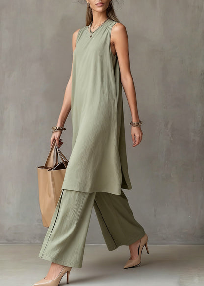 Simple Green O-neck Tank Dress and Wide Leg Pants Cotton Two Piece Set Sleeveless