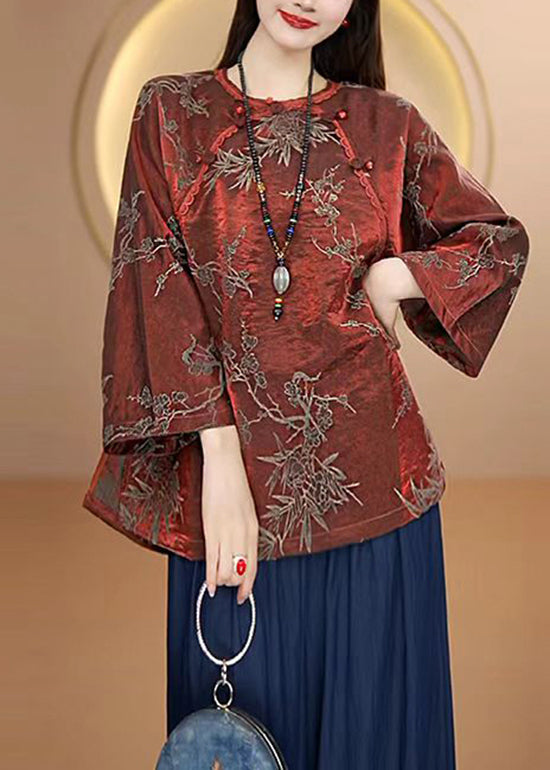 Red O Neck Oriental Button Jacquard Silk Top Fall