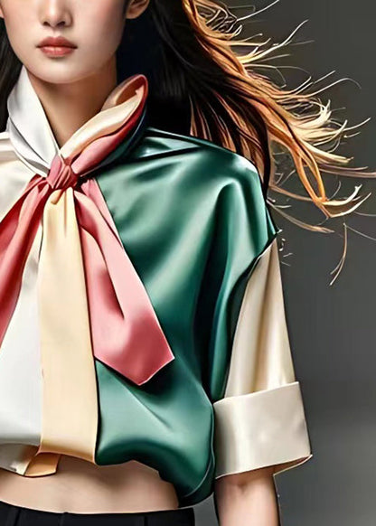 French Green Scarf Collar Patchwork Silk Blouse Half Sleeve