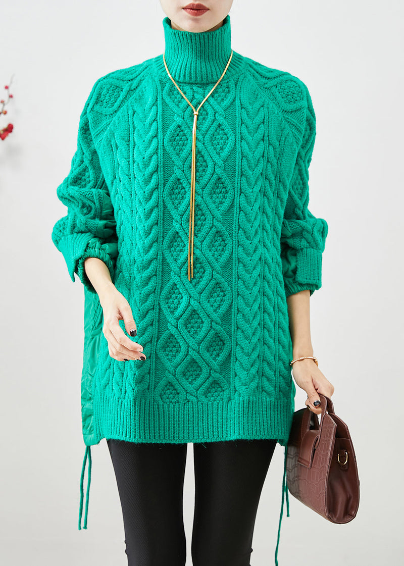 Green High Neck Thick Patchwork Knit Sweaters Winter